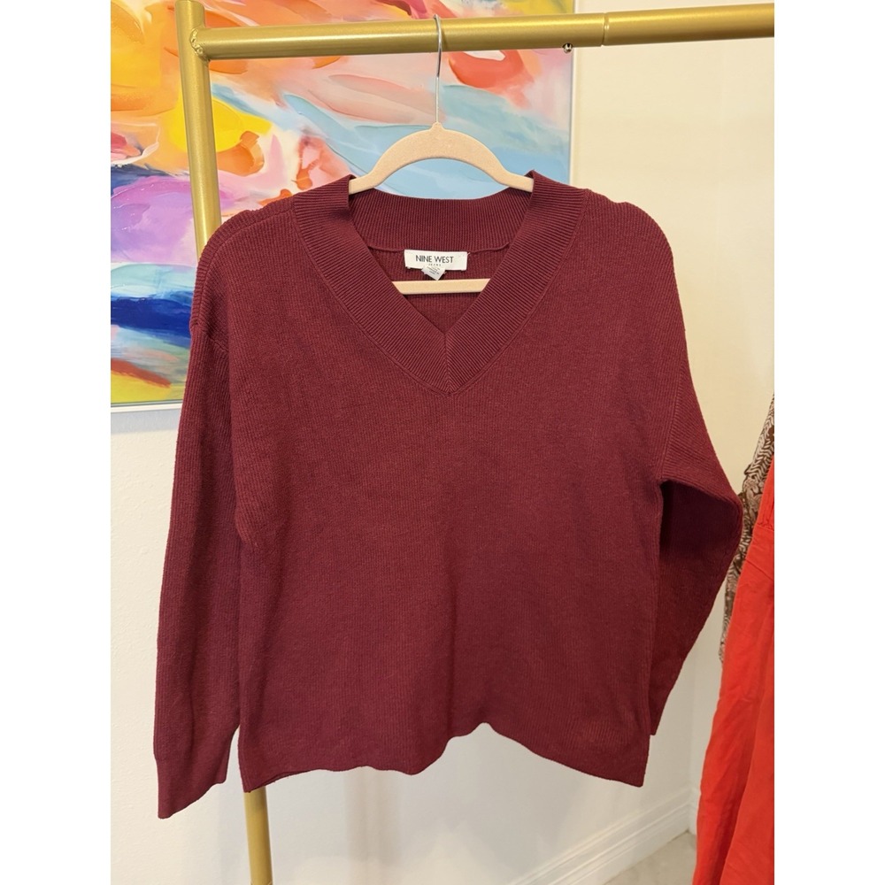 Nine West Women's V Neck‎ Burgundy Maroon Long Sleeve Sweater Large